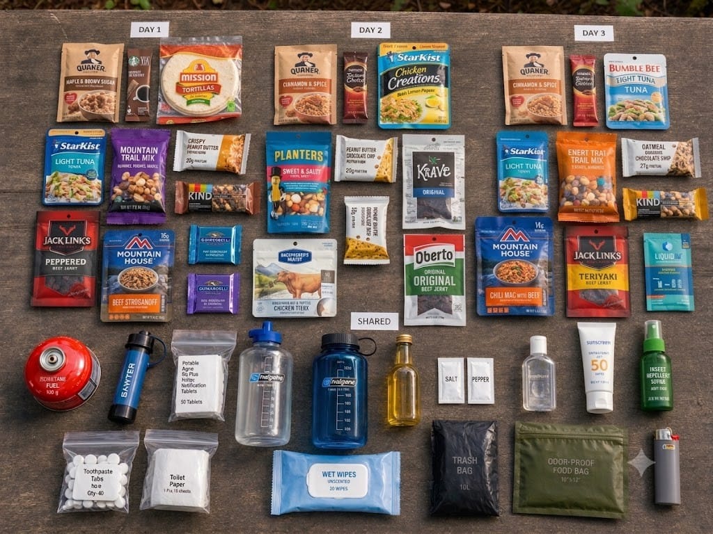 Food fuel and water planned from a three-day backpacking itinerary