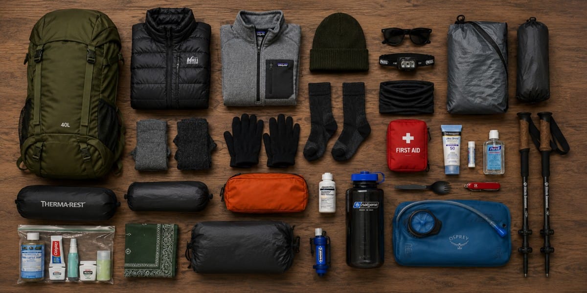 Three-day backpacking gear organized into core systems and consumables