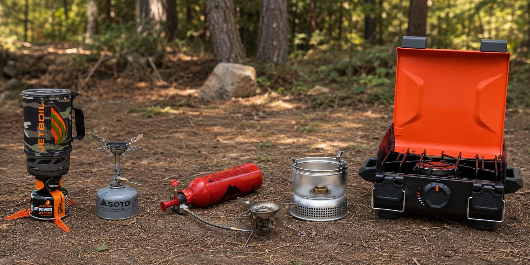 Backpacking stove types and compact camp stove options arranged with fuel containers