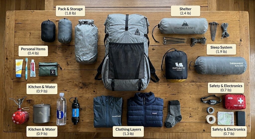 Backpacking gear grouped by category for a base weight audit