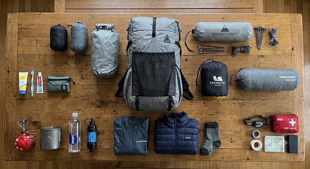 Backpacking gear laid out for a base weight audit