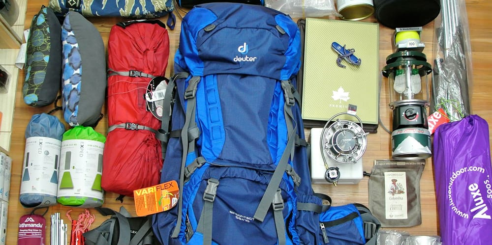 Backpacking gear arranged for calculating base weight