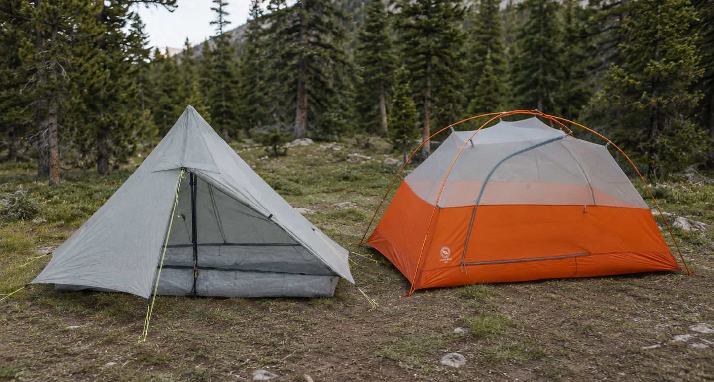 Freestanding backpacking tent and trekking pole tent compared at a campsite