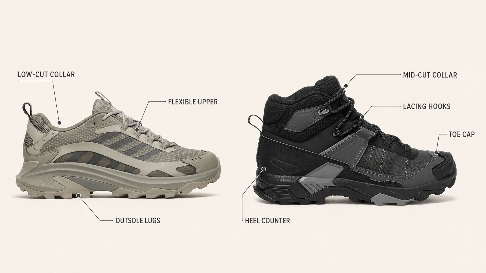 Low-cut hiking shoe and mid-height hiking boot showing ankle coverage and outsole differences