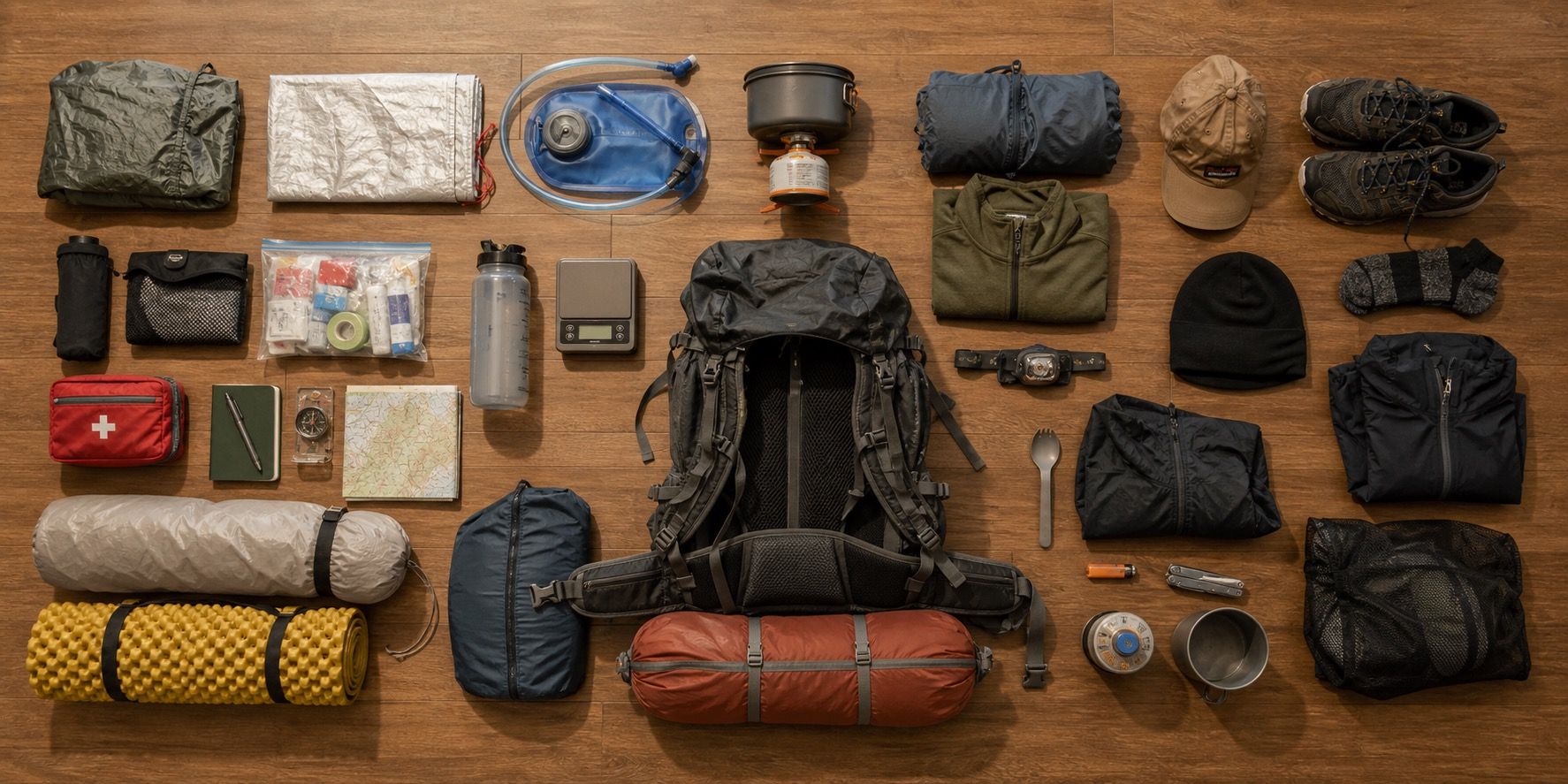 Backpacking gear being weighed and organized for a pack shakedown