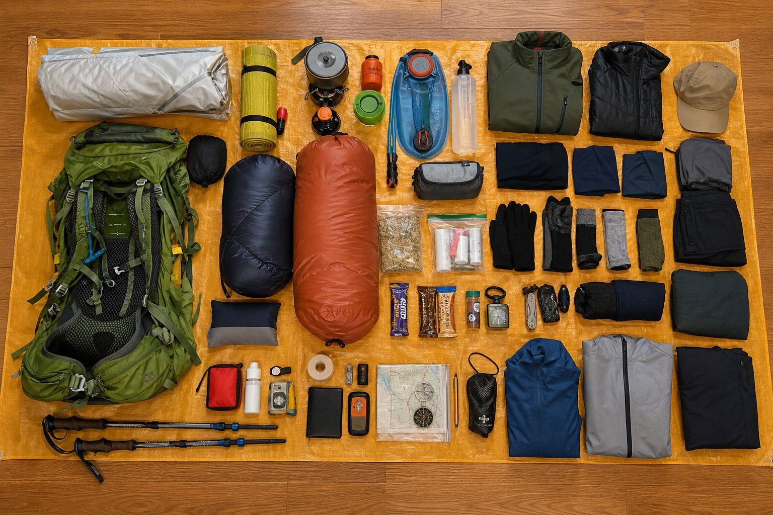 Backpacking gear sorted into keep, cut, and safety categories