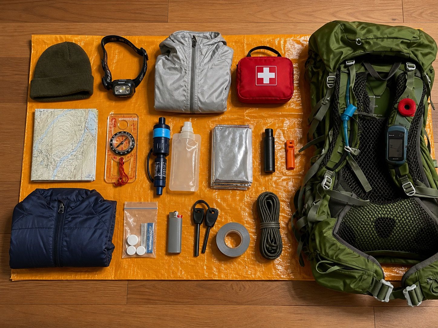 Safety-critical backpacking essentials kept in a lightweight kit