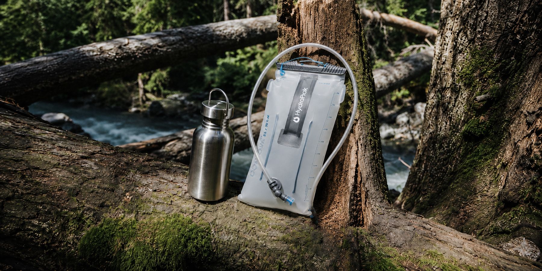 Hydration reservoir and hiking water bottles prepared for a day hike