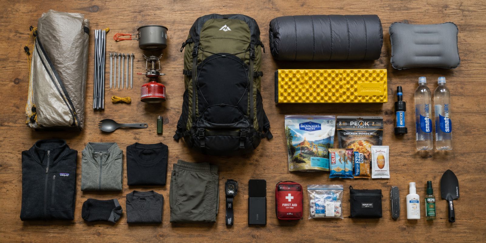 Complete minimalist backpacking gear organized by essential system