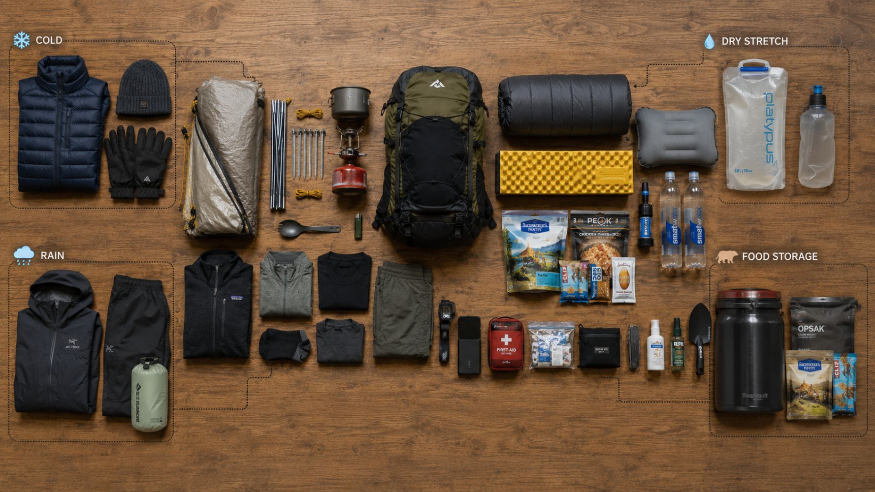Route-specific gear added to a minimalist backpacking kit