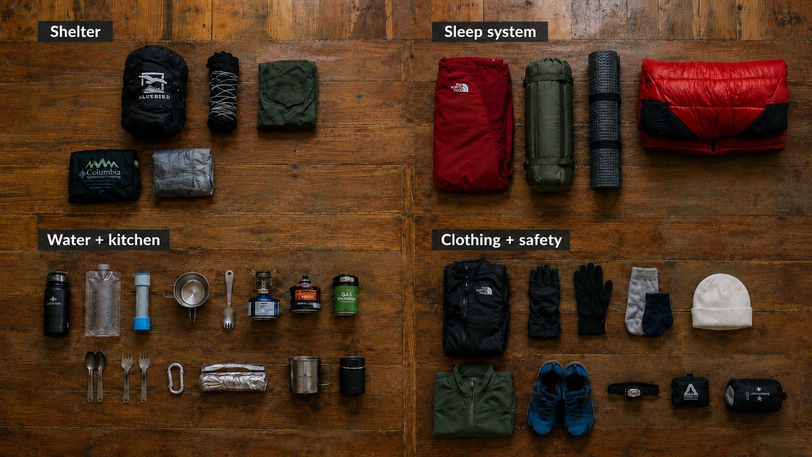 Backpacking gear organized by category for an ultralight checklist