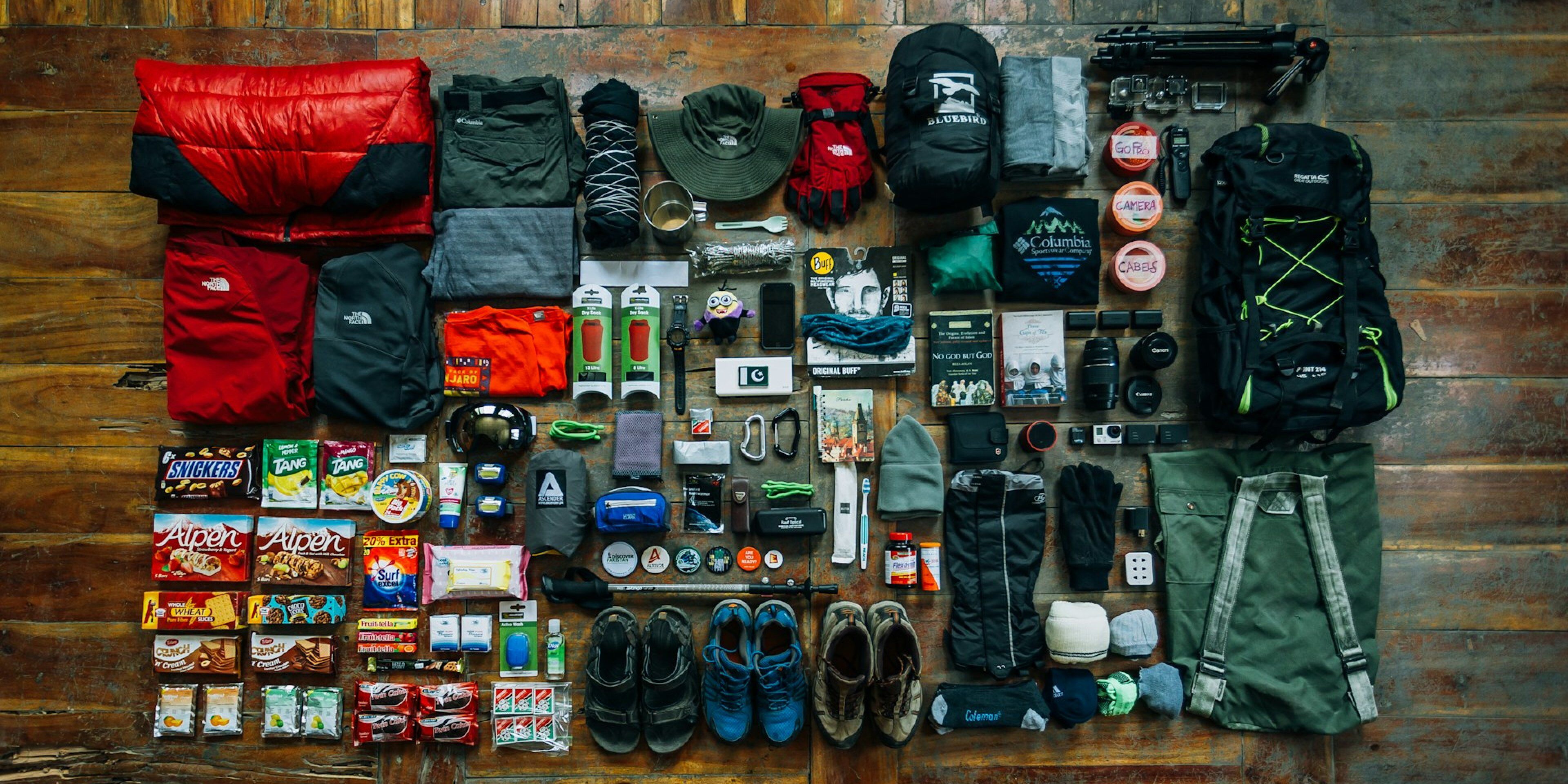 Ultralight backpacking gear laid out before packing